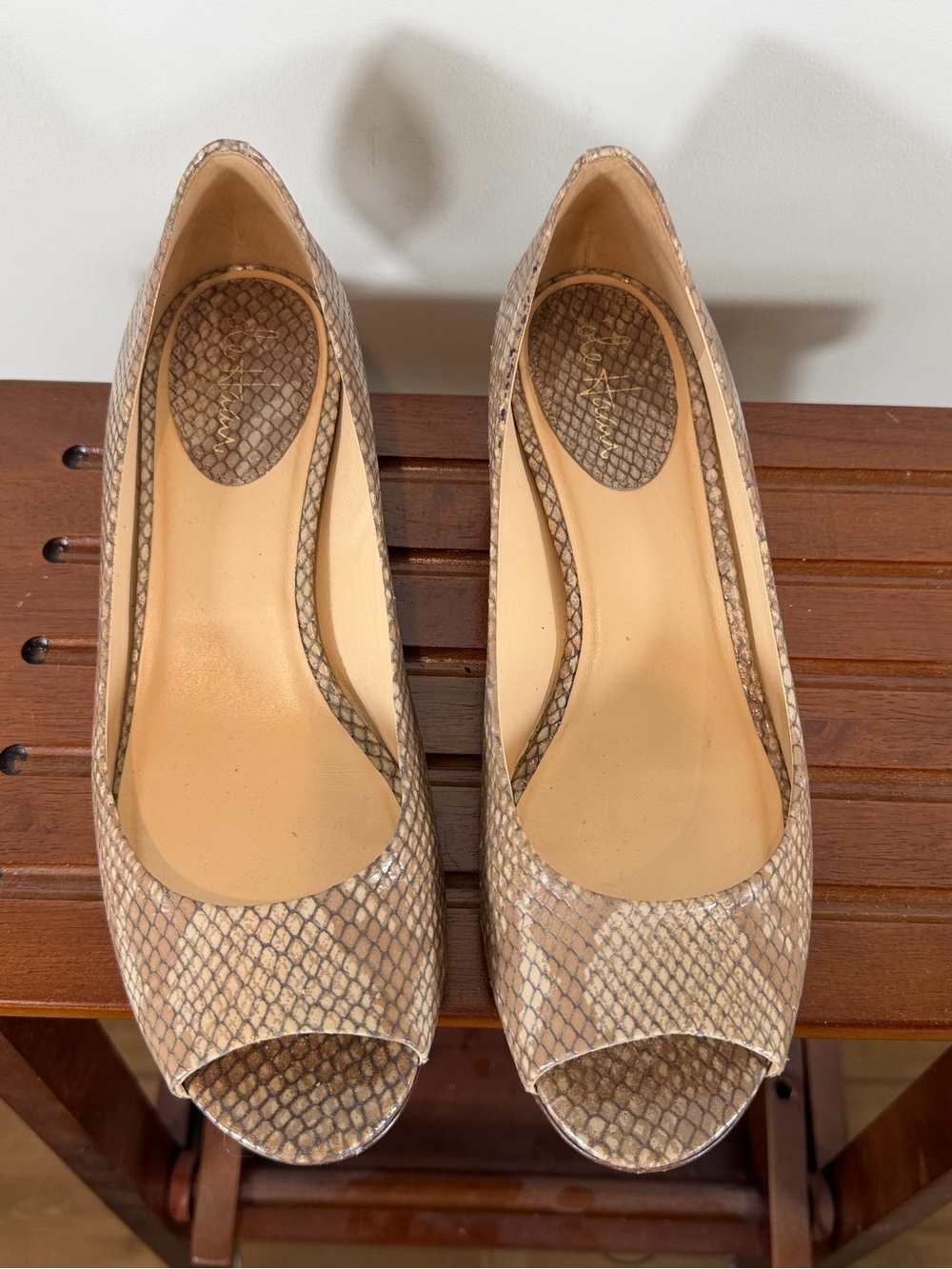Cole Haan Nude Snakeskin Embossed Leather Peep-Toe Wedges 8B